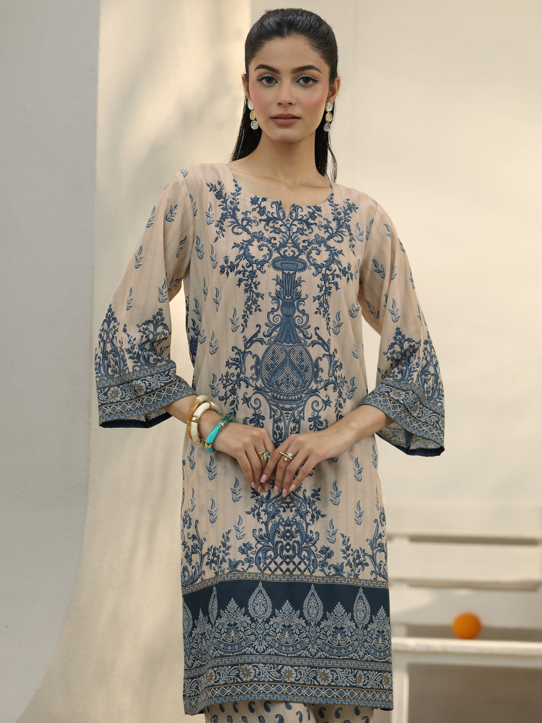 Off White Ethnic Printed Cotton Blend Co-Ord Set