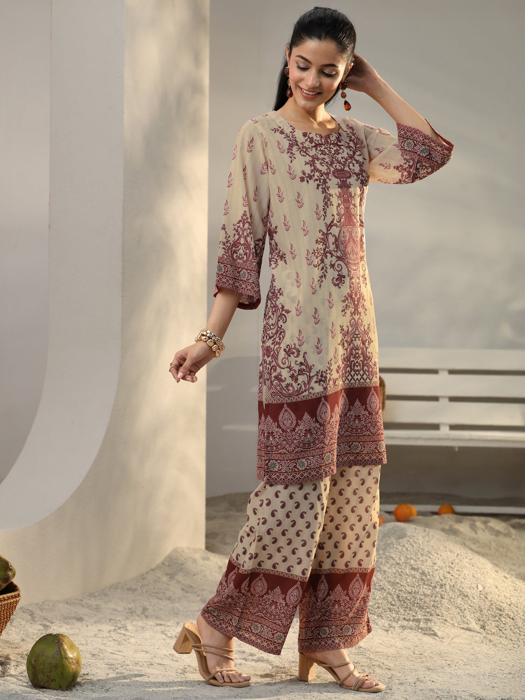Beige Ethnic Printed Cotton Blend Co-Ord Set