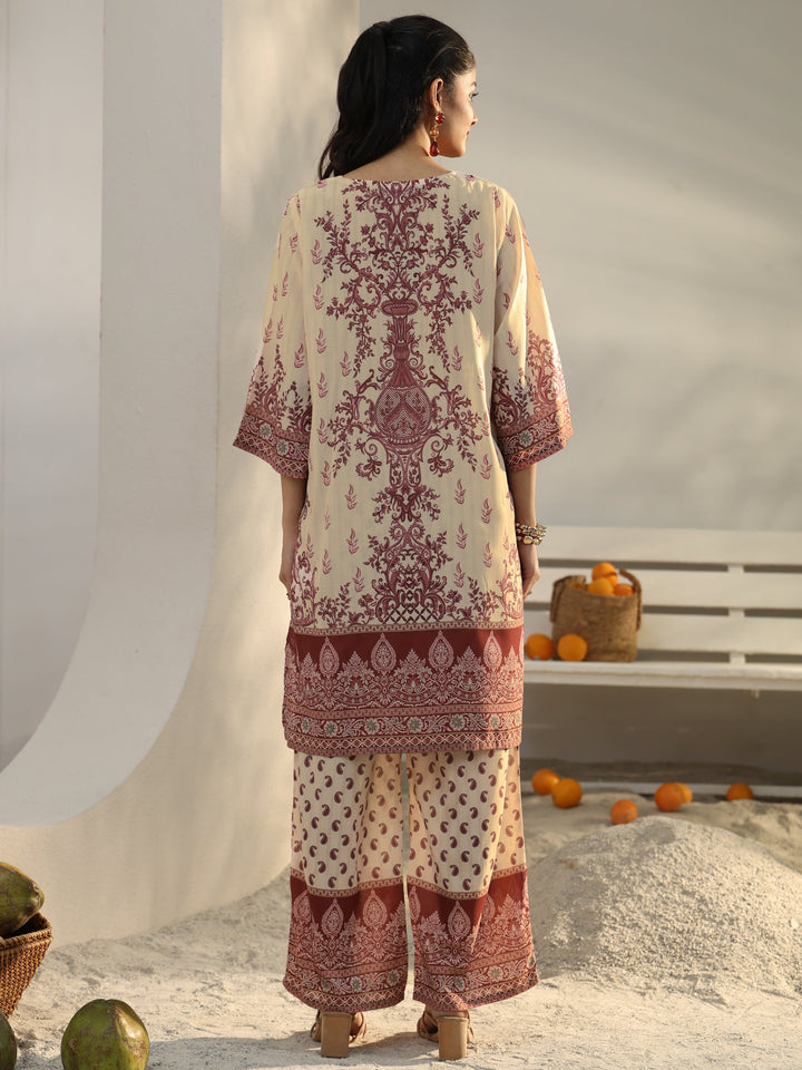 Beige Ethnic Printed Cotton Blend Co-Ord Set