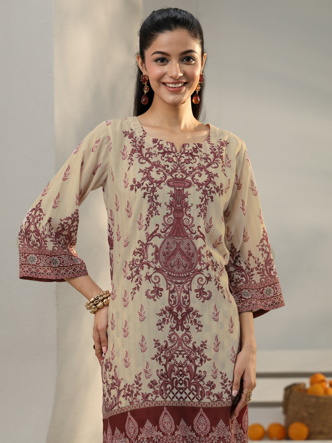 Beige Ethnic Printed Cotton Blend Co-Ord Set