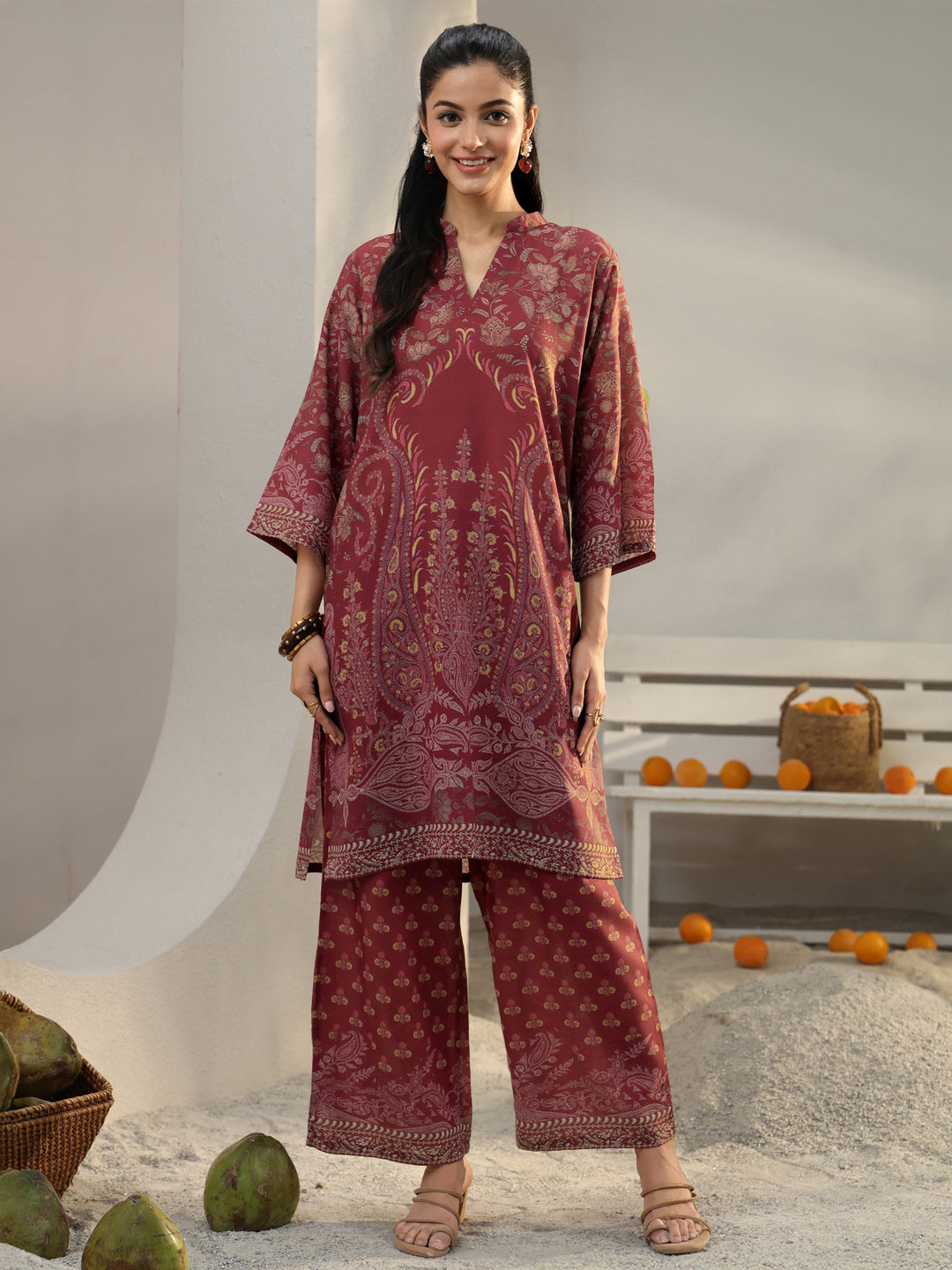 Maroon Floral Printed Cotton Blend Co-Ord Set