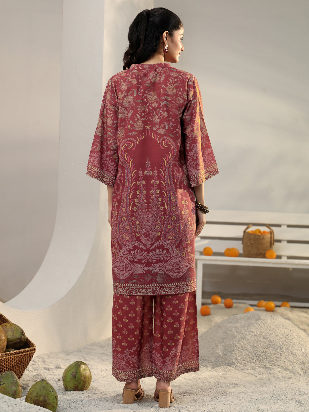 Maroon Floral Printed Cotton Blend Co-Ord Set