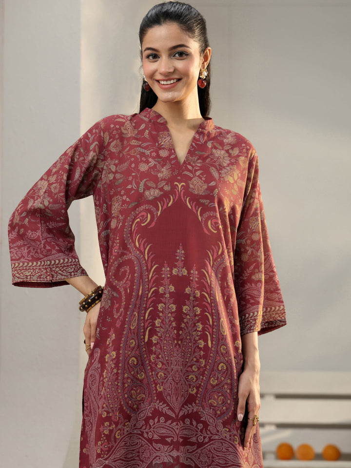 Maroon Floral Printed Cotton Blend Co-Ord Set
