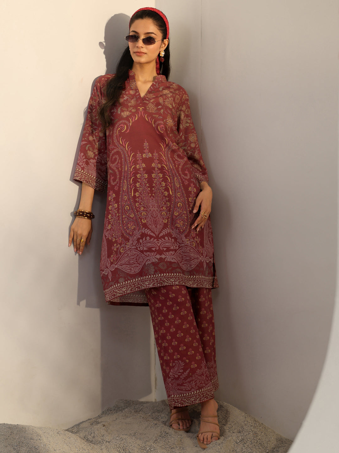Maroon Floral Printed Cotton Blend Co-Ord Set
