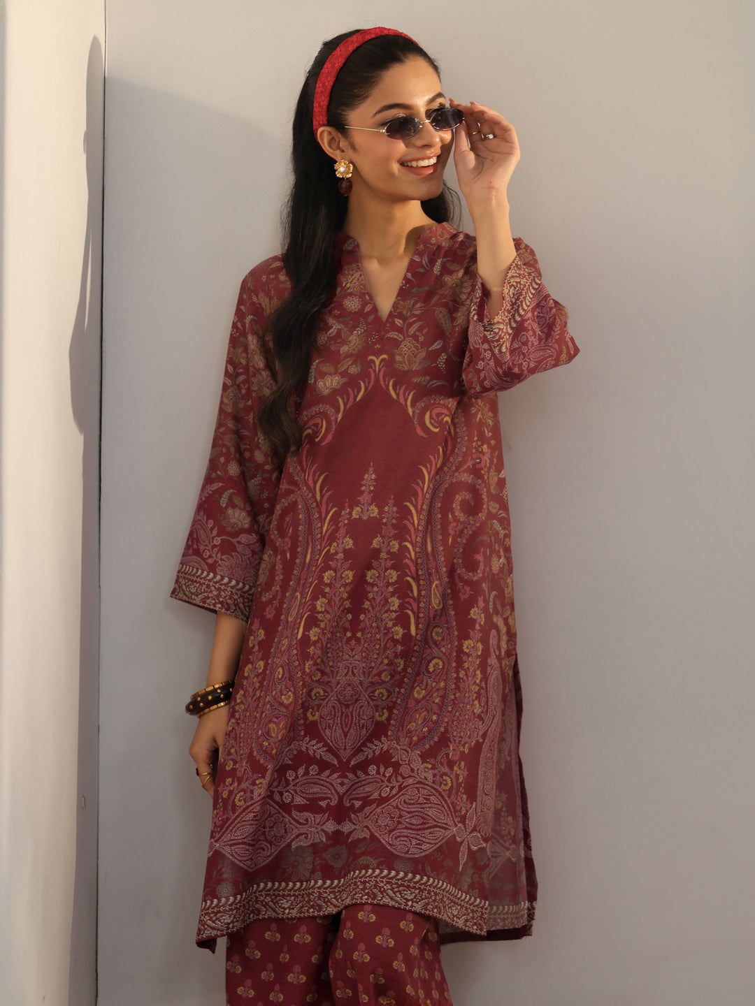 Maroon Floral Printed Cotton Blend Co-Ord Set