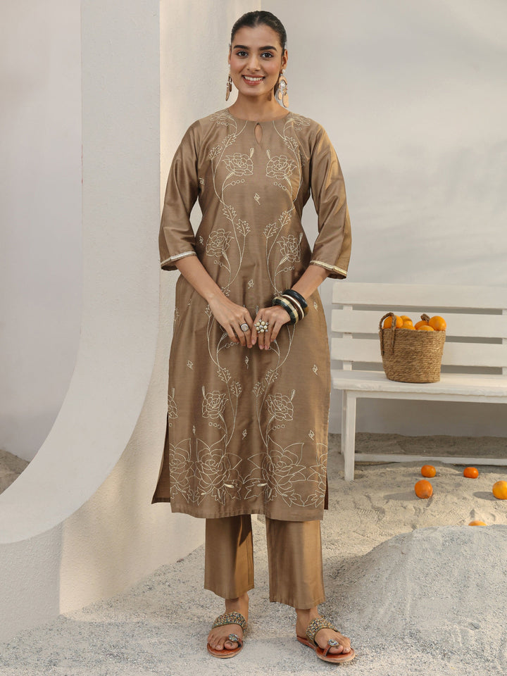 Brown Floral Embroidered Silk Blend Straight Kurta Set
