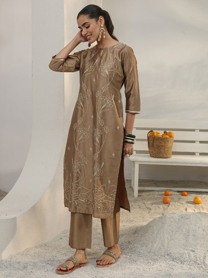 Brown Floral Embroidered Silk Blend Straight Kurta Set