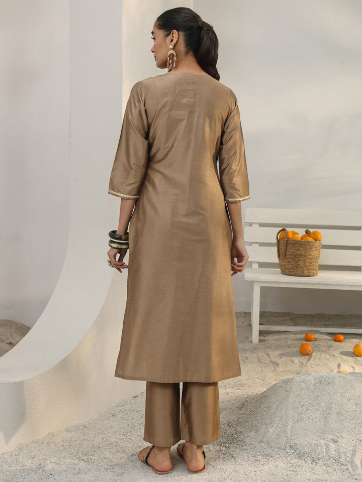 Brown Floral Embroidered Silk Blend Straight Kurta Set
