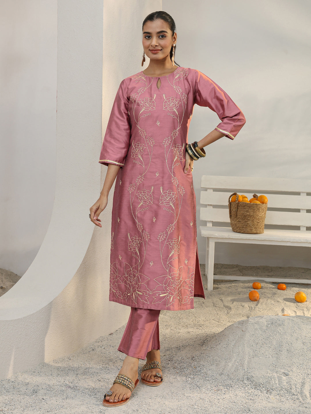 Pink Floral Embroidered Silk Blend Straight Kurta Set