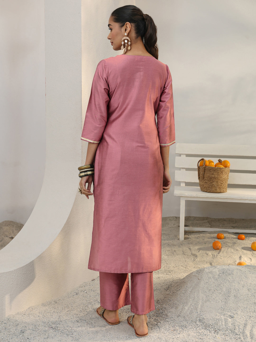 Pink Floral Embroidered Silk Blend Straight Kurta Set