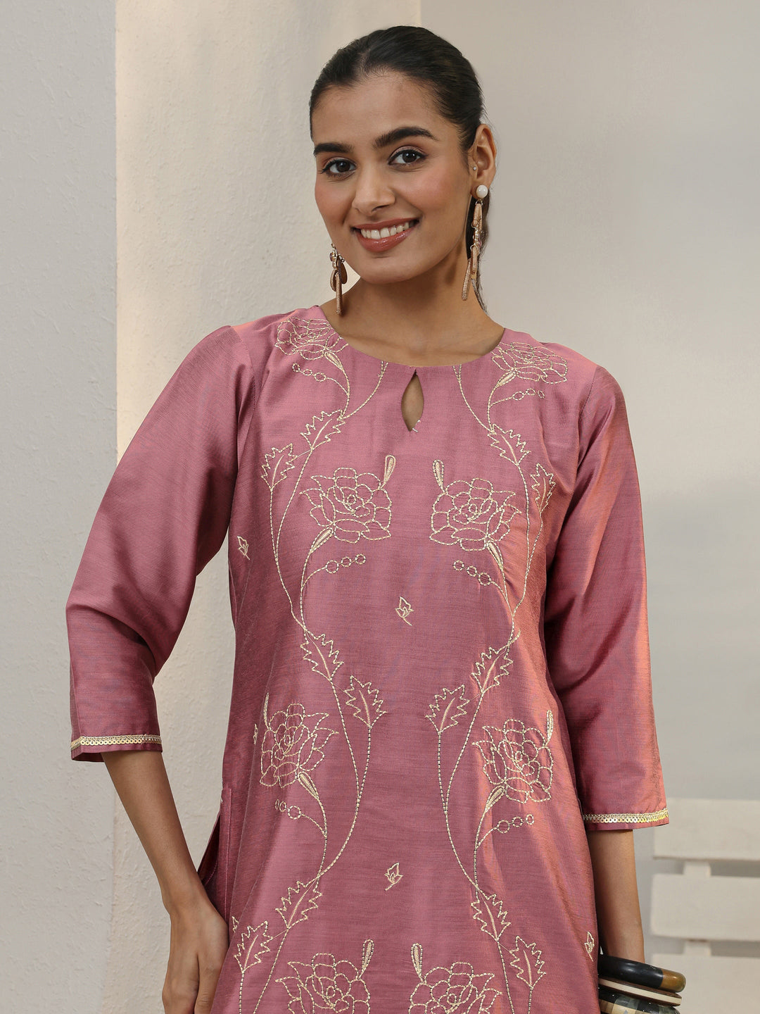 Pink Floral Embroidered Silk Blend Straight Kurta Set