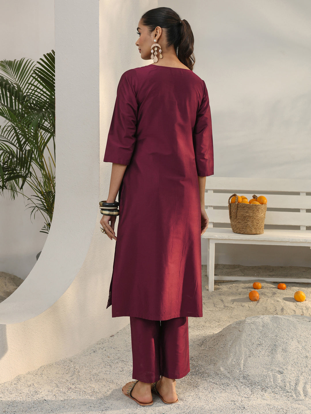 Maroon Floral Embroidered Silk Blend Straight Kurta Set