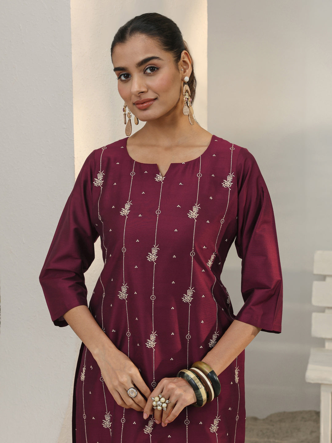Maroon Floral Embroidered Silk Blend Straight Kurta Set
