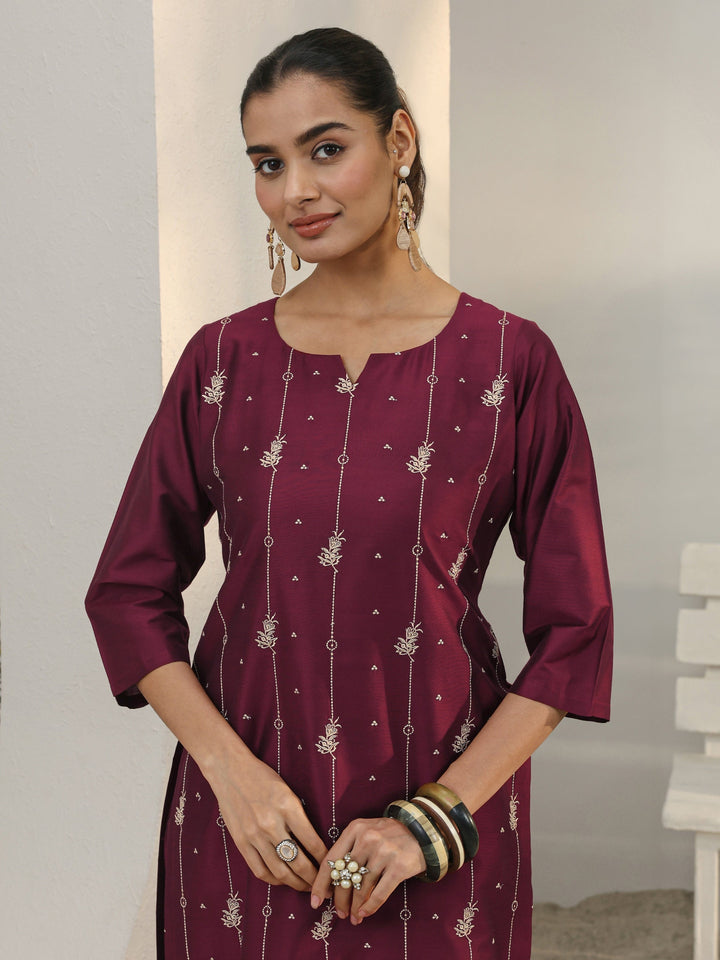 Maroon Floral Embroidered Silk Blend Straight Kurta Set