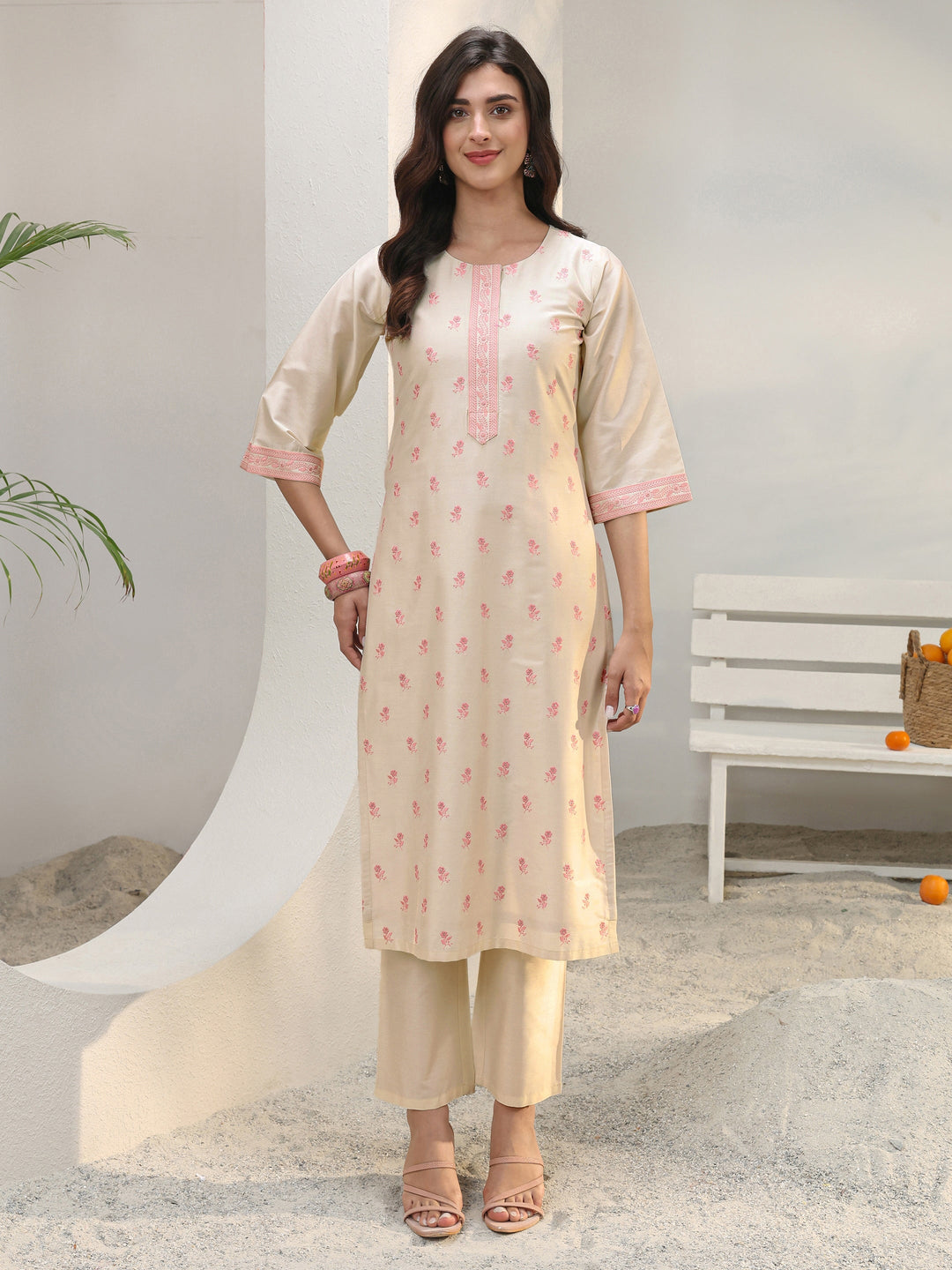 Ivory Floral Embroidered Silk Blend Straight Kurta Set