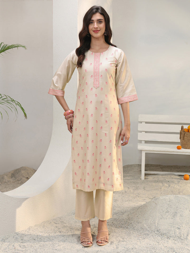 Ivory Floral Embroidered Silk Blend Straight Kurta Set