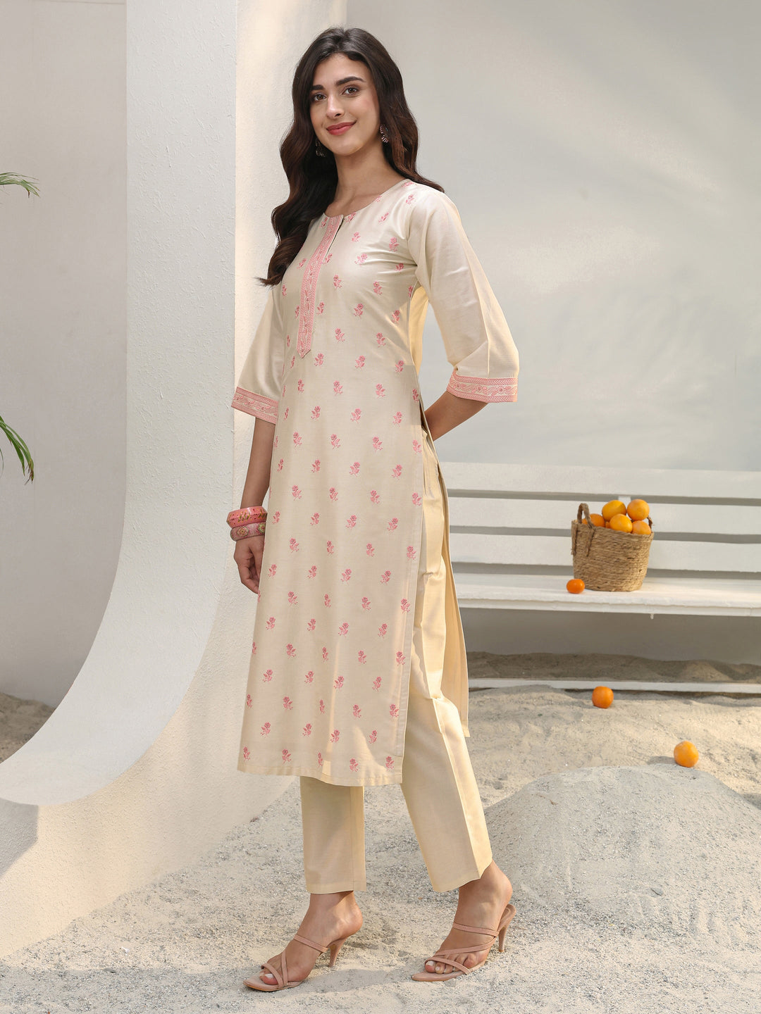 Ivory Floral Embroidered Silk Blend Straight Kurta Set