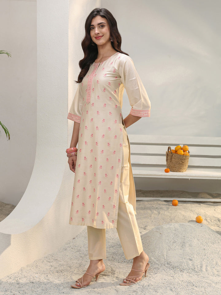 Ivory Floral Embroidered Silk Blend Straight Kurta Set