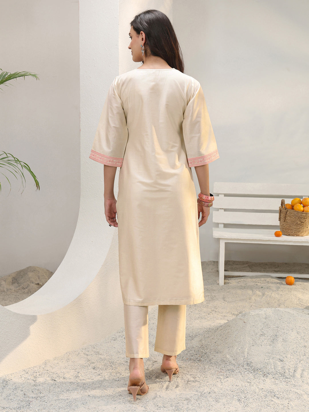 Ivory Floral Embroidered Silk Blend Straight Kurta Set