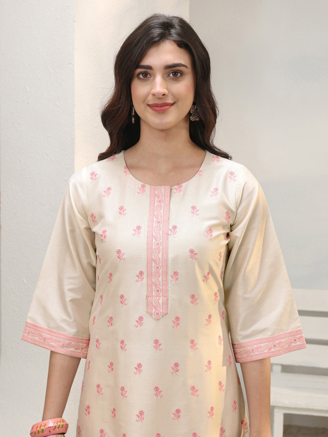 Ivory Floral Embroidered Silk Blend Straight Kurta Set