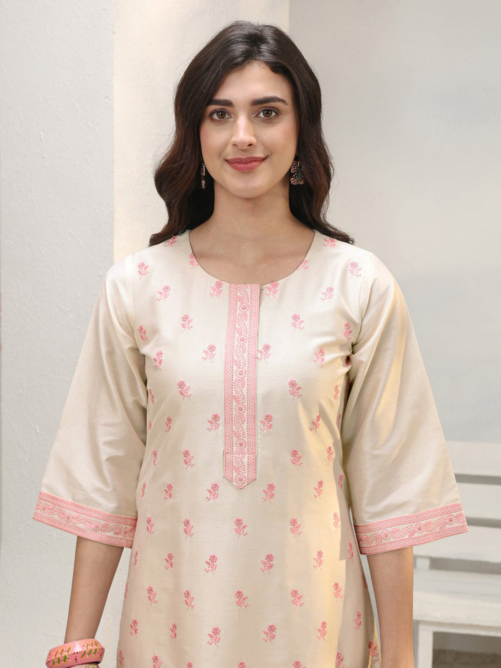 Ivory Floral Embroidered Silk Blend Straight Kurta Set