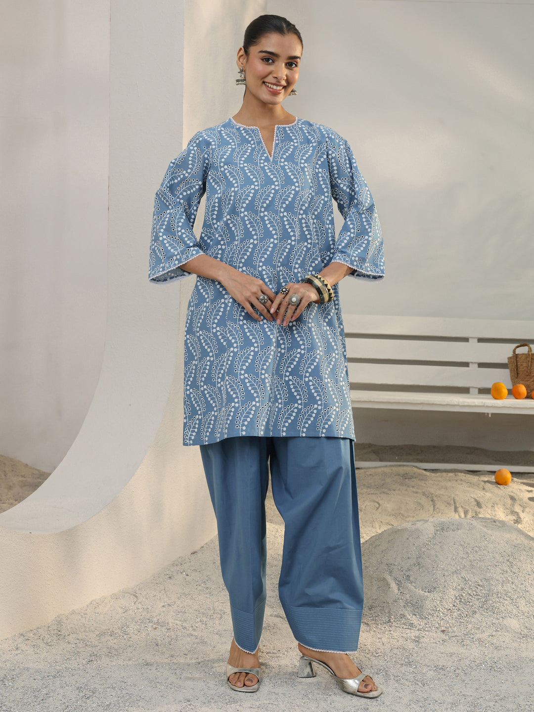 Blue Floral Embroidered Cotton Straight Kurta Set