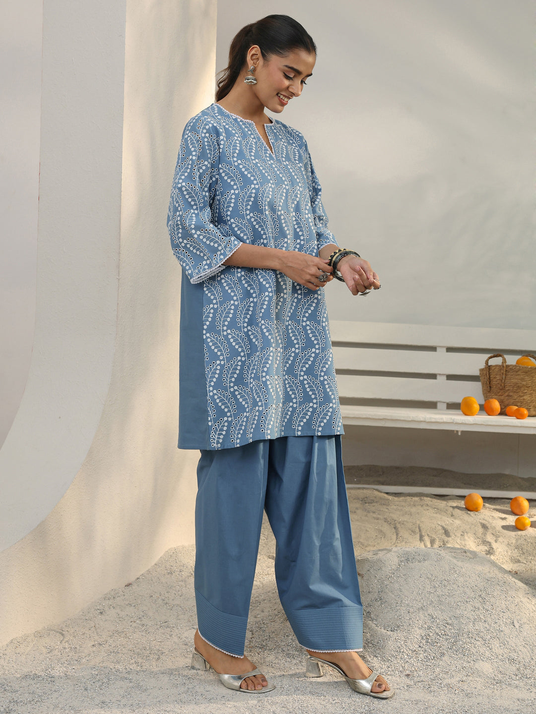 Blue Floral Embroidered Cotton Straight Kurta Set