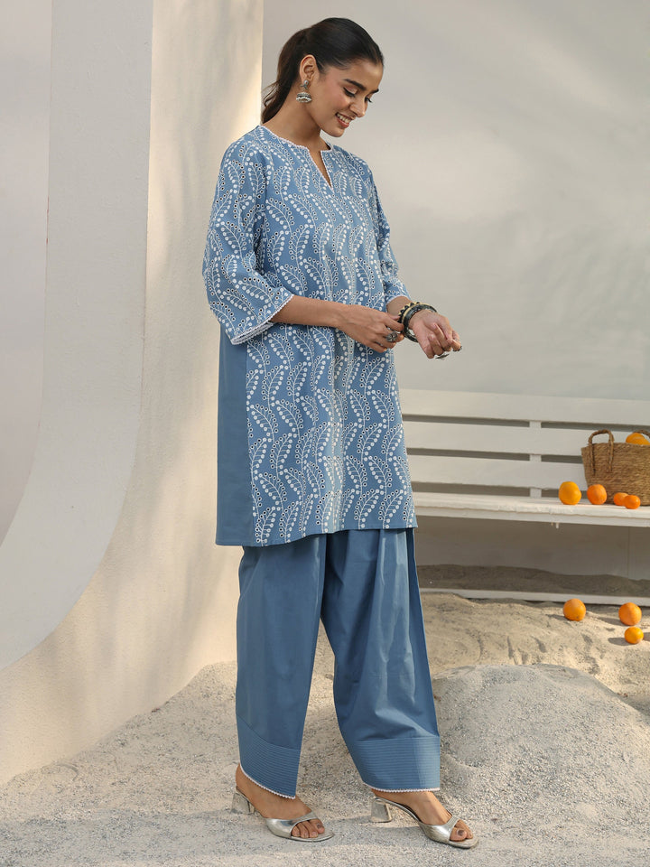 Blue Floral Embroidered Cotton Straight Kurta Set