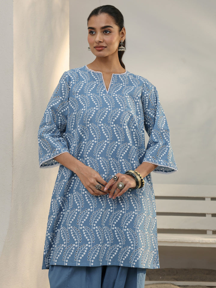 Blue Floral Embroidered Cotton Straight Kurta Set