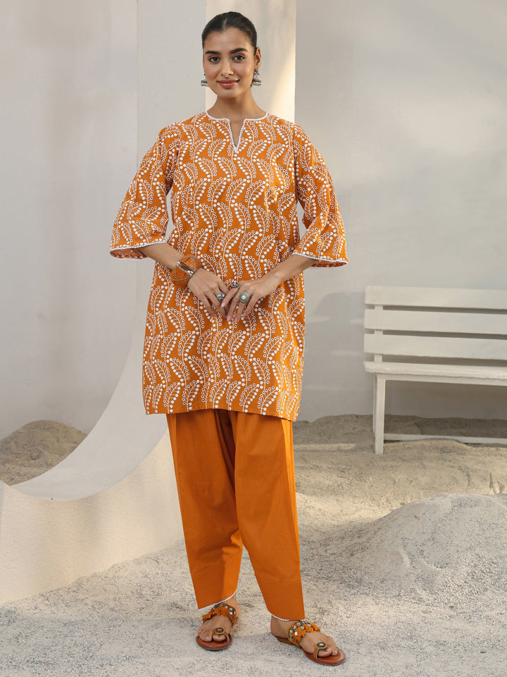 Orange Floral Embroidered Cotton Straight Kurta Set