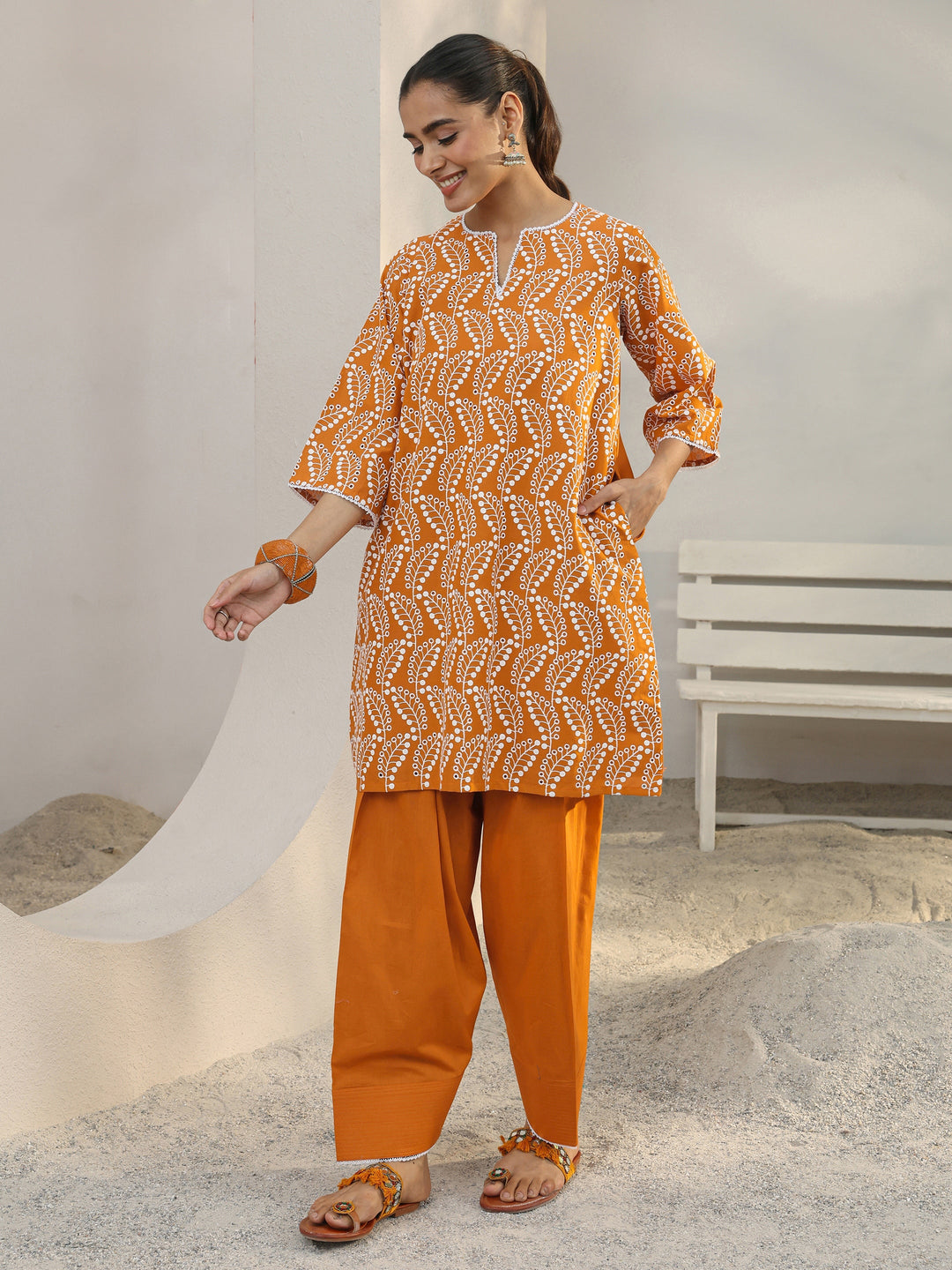 Orange Floral Embroidered Cotton Straight Kurta Set