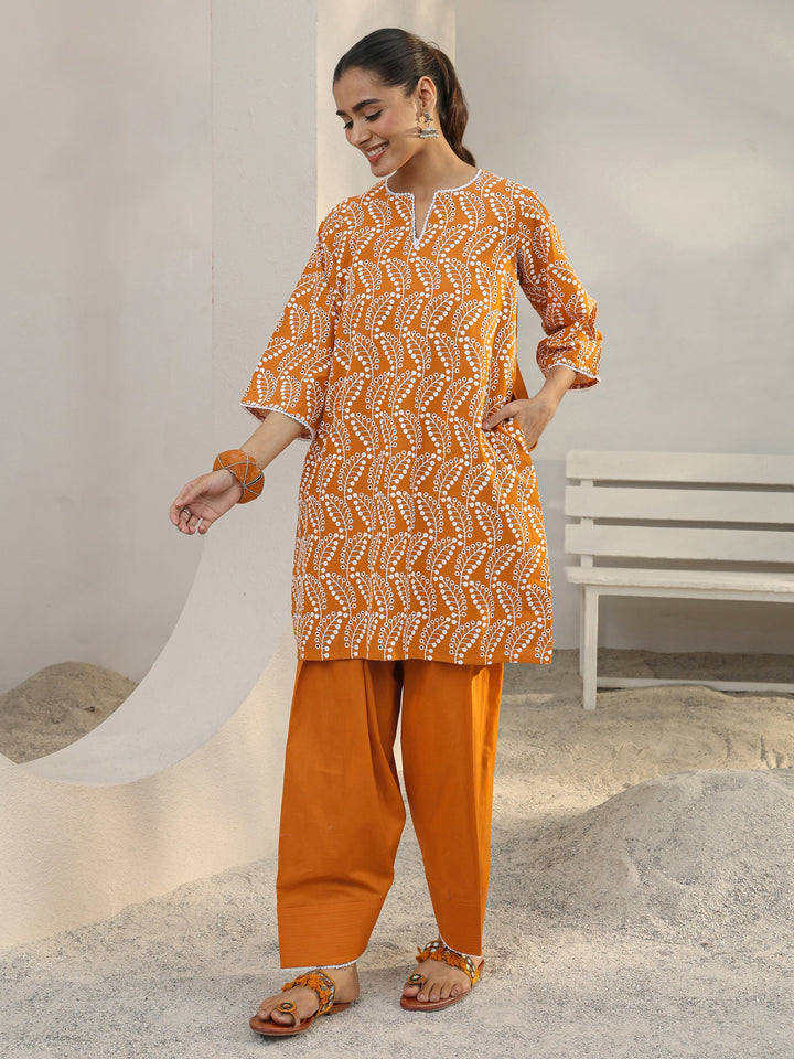 Orange Floral Embroidered Cotton Straight Kurta Set