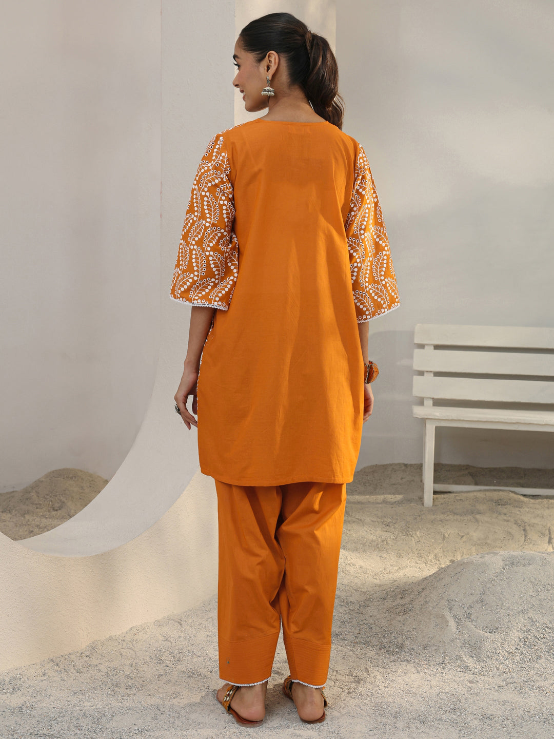 Orange Floral Embroidered Cotton Straight Kurta Set