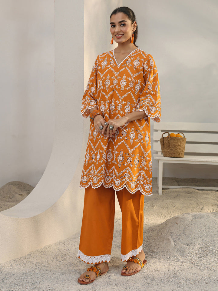 Orange Floral Embroidered Cotton Blend Straight Kurta Set