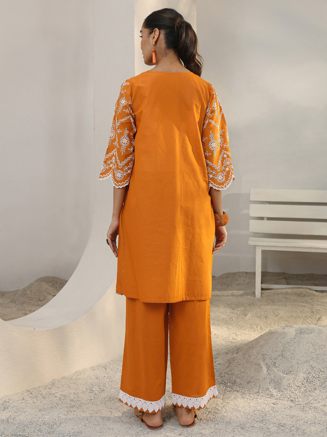 Orange Floral Embroidered Cotton Blend Straight Kurta Set