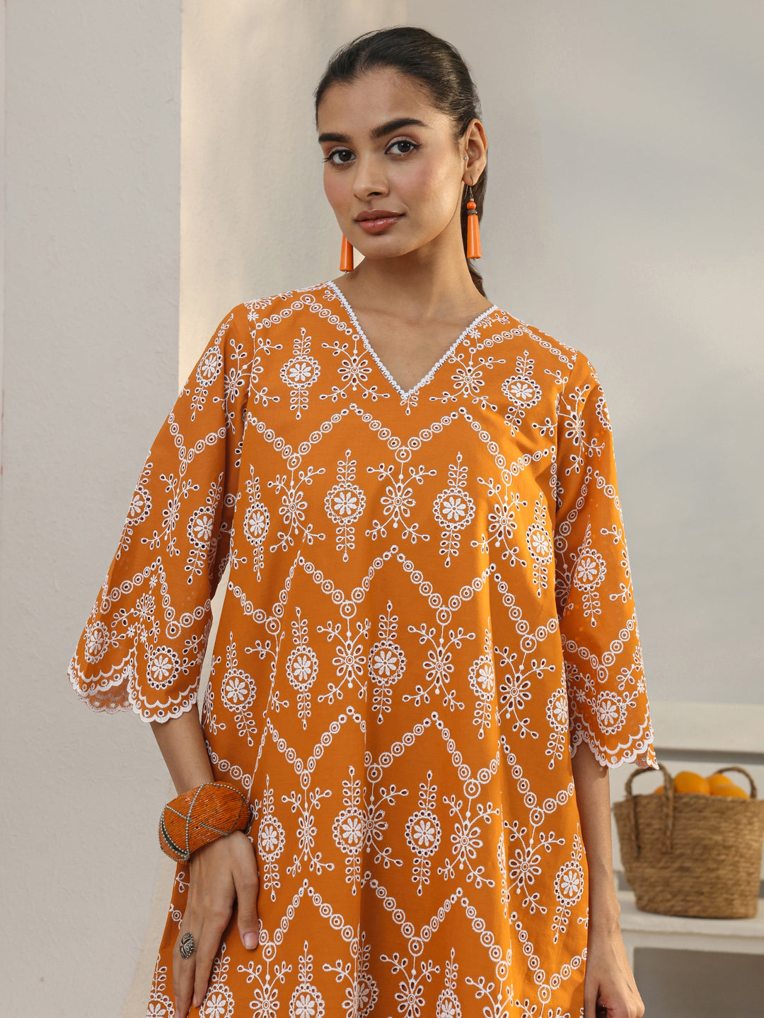 Orange Floral Embroidered Cotton Blend Straight Kurta Set