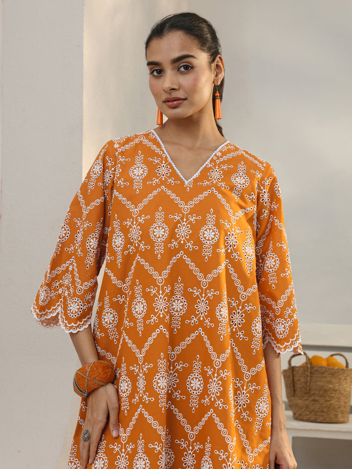 Orange Floral Embroidered Cotton Blend Straight Kurta Set