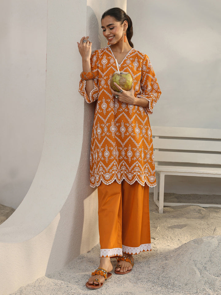 Orange Floral Embroidered Cotton Blend Straight Kurta Set
