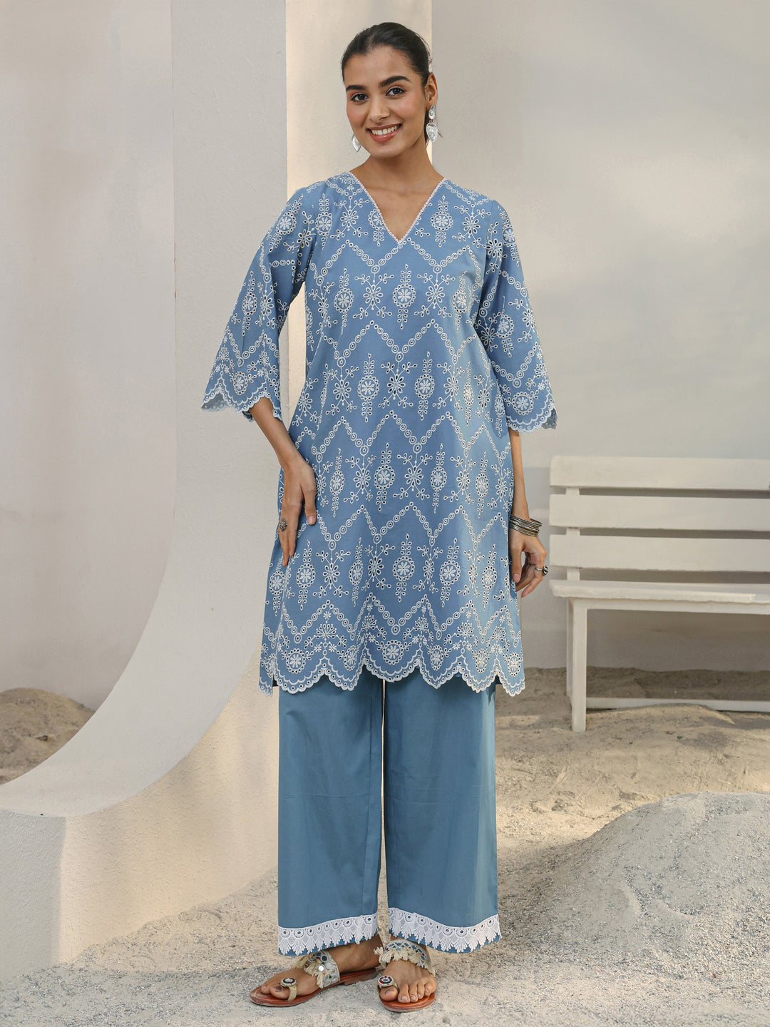 Blue Floral Embroidered Cotton Blend Straight Kurta Set