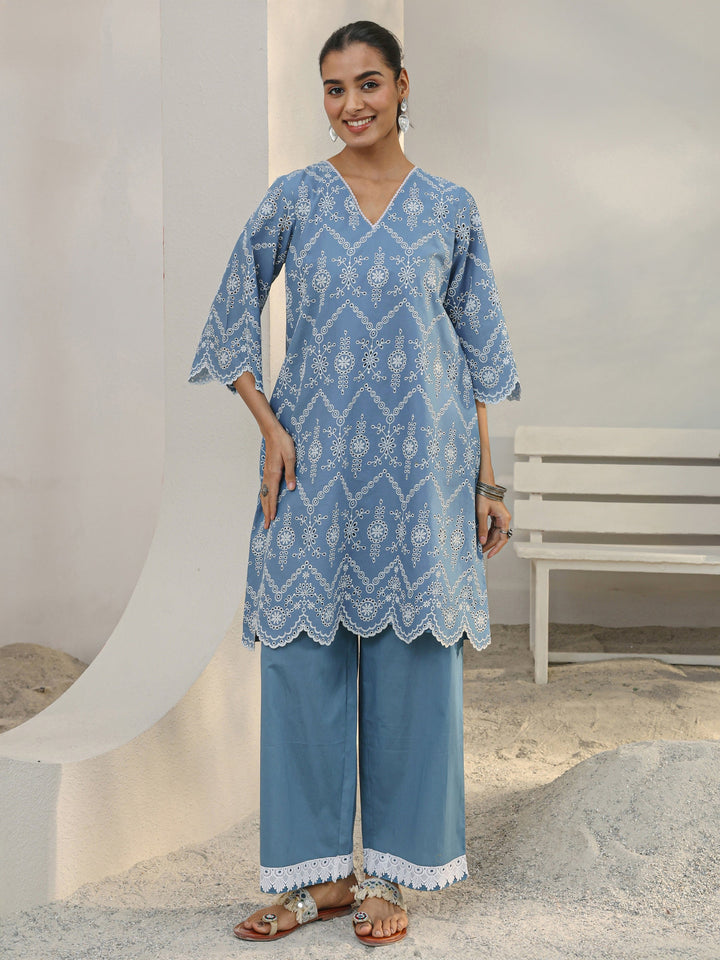 Blue Floral Embroidered Cotton Blend Straight Kurta Set