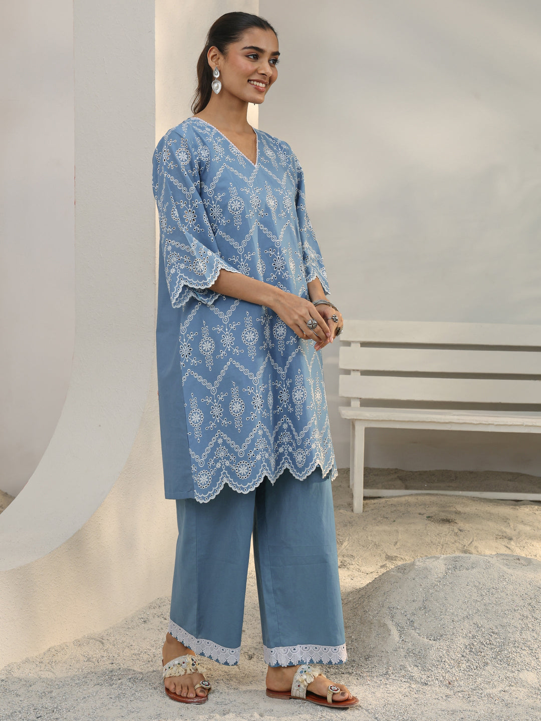 Blue Floral Embroidered Cotton Blend Straight Kurta Set