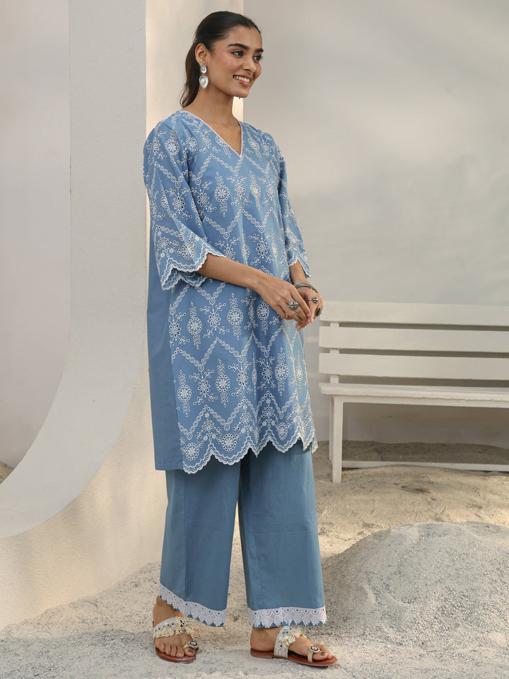 Blue Floral Embroidered Cotton Blend Straight Kurta Set