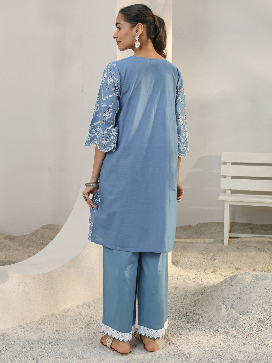 Blue Floral Embroidered Cotton Blend Straight Kurta Set