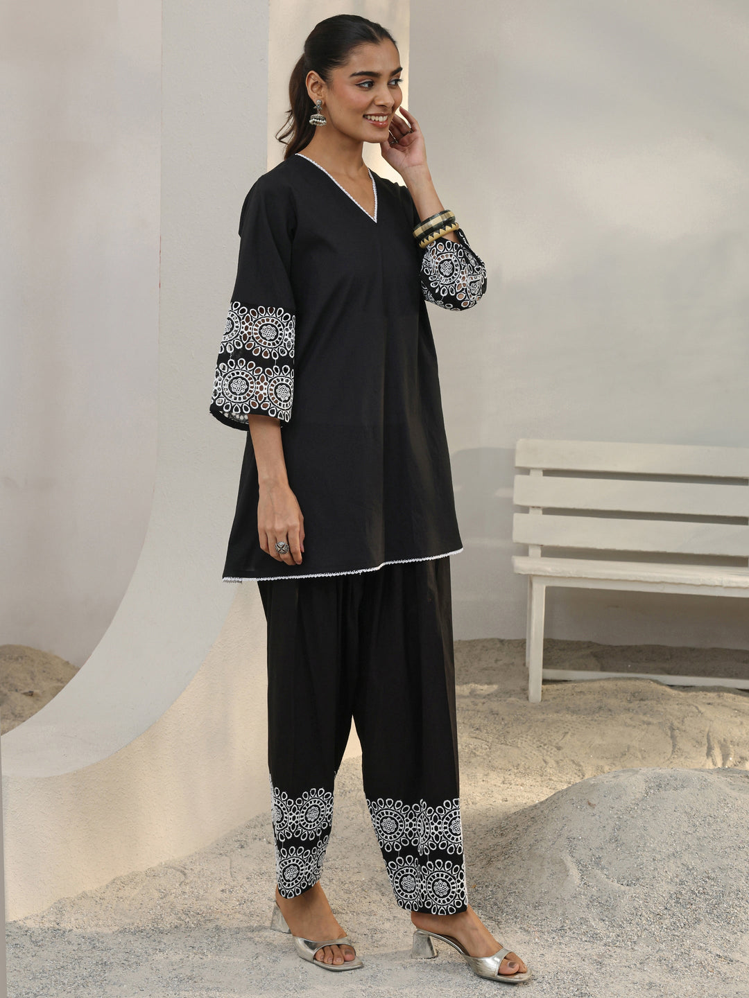 Black Floral Embroidered Cotton Blend Straight Suit Set With Dupatta