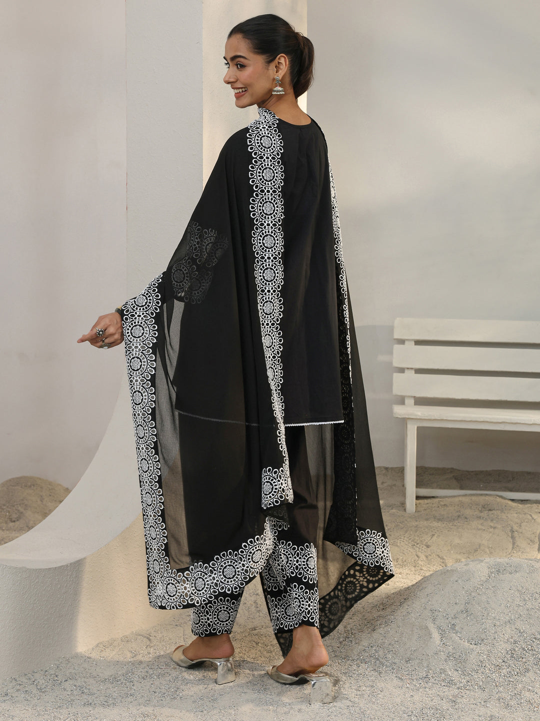 Black Floral Embroidered Cotton Blend Straight Suit Set With Dupatta