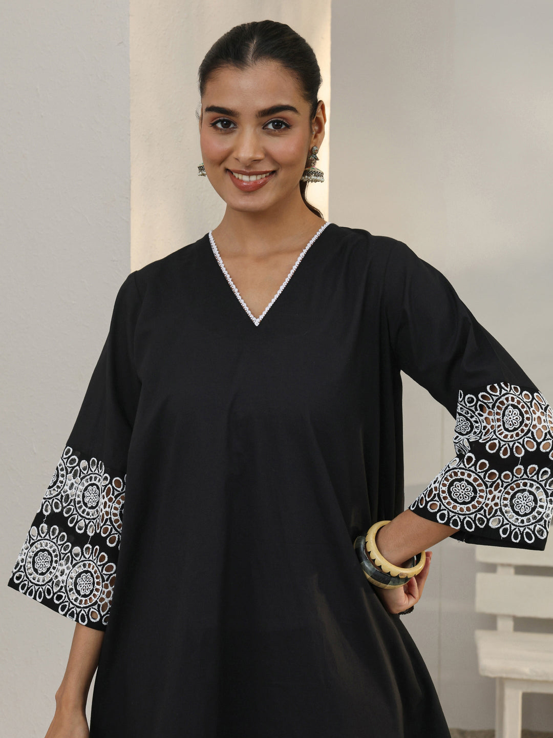 Black Floral Embroidered Cotton Blend Straight Suit Set With Dupatta