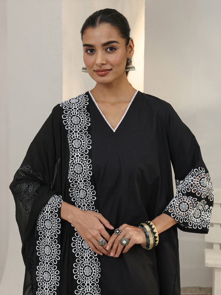 Black Floral Embroidered Cotton Blend Straight Suit Set With Dupatta