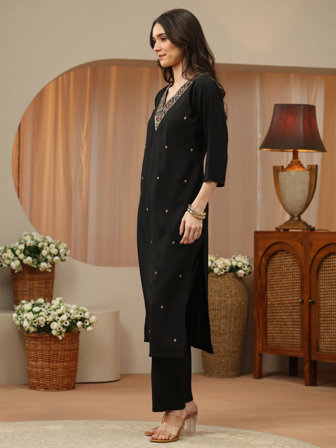 Black Floral Embroidered Rayon Straight Suit Set