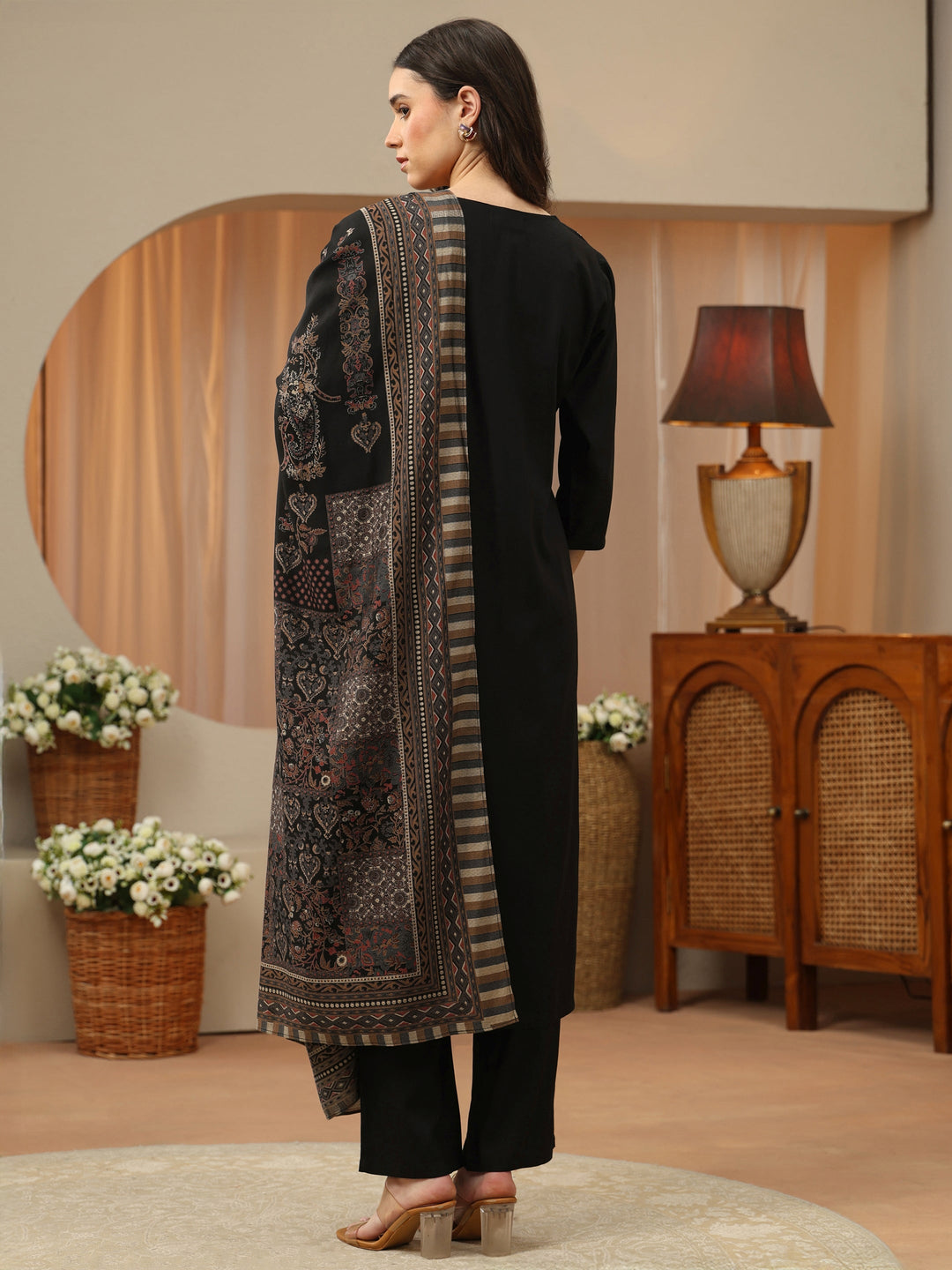 Black Floral Embroidered Rayon Straight Suit Set