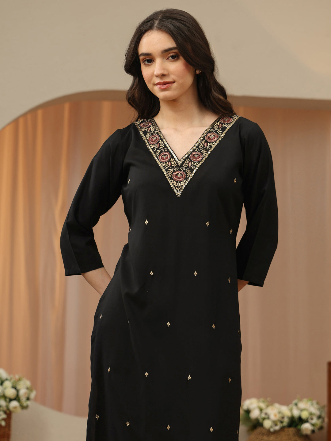 Black Floral Embroidered Rayon Straight Suit Set